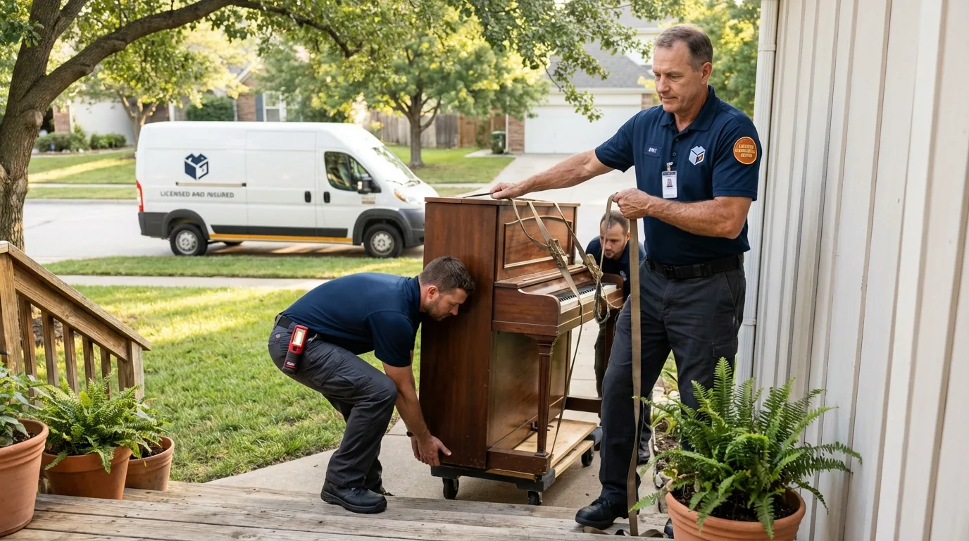 Licensed piano movers securing grand piano in Ellenville, NY