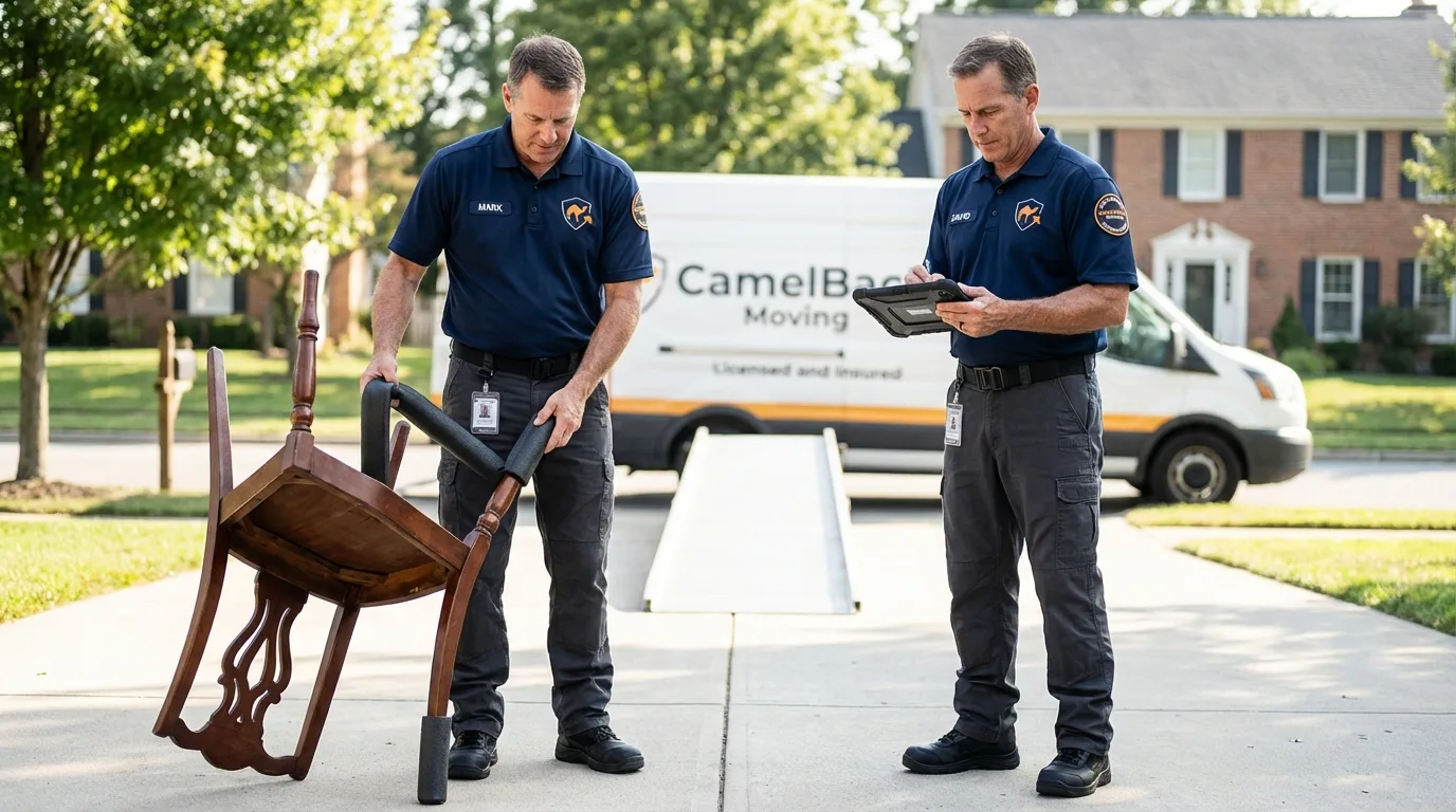 Movers inspecting furniture for damage prevention before loading in Ellenville, NY
